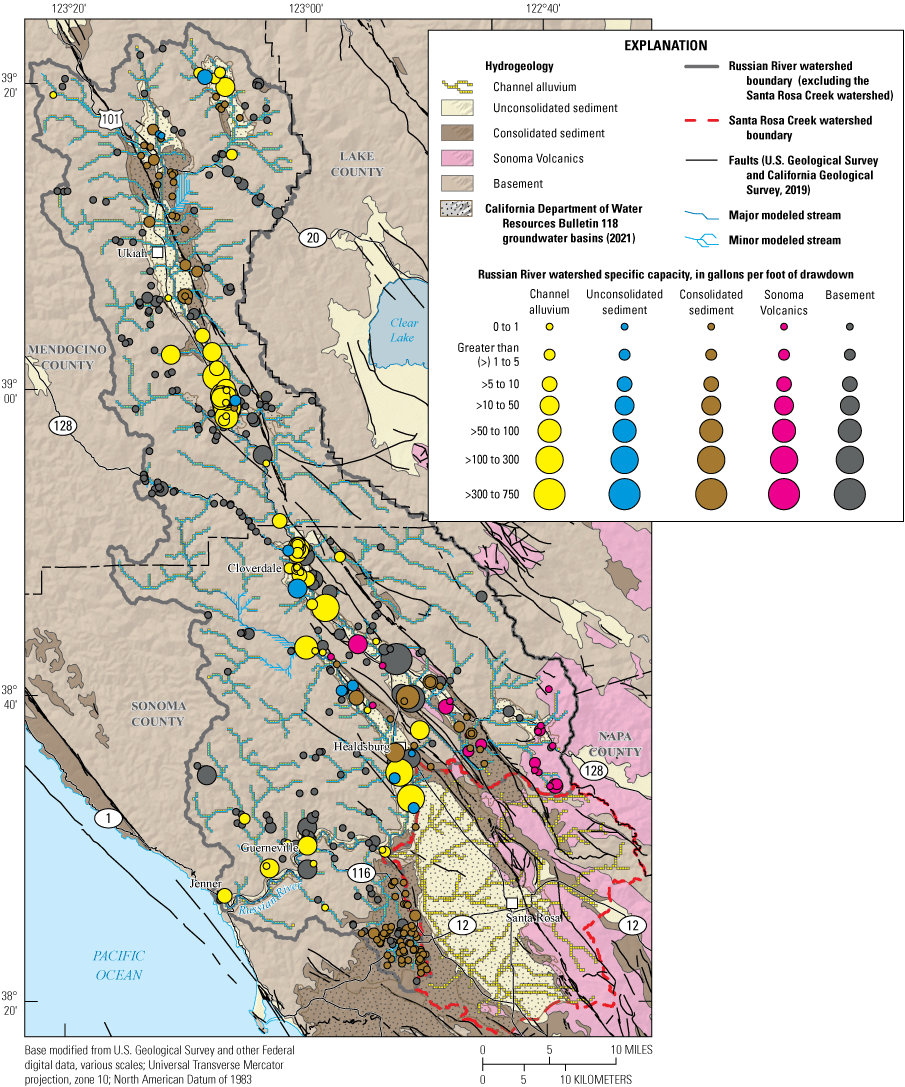 10. Specific capacity is estimated for boreholes that intercept hydrogeologic units
                        in the subsurface of the Russian River region and study area. Specific capacity is
                        shown as symbols of varying size, color-coded by hydrogeologic unit present in each
                        borehole.