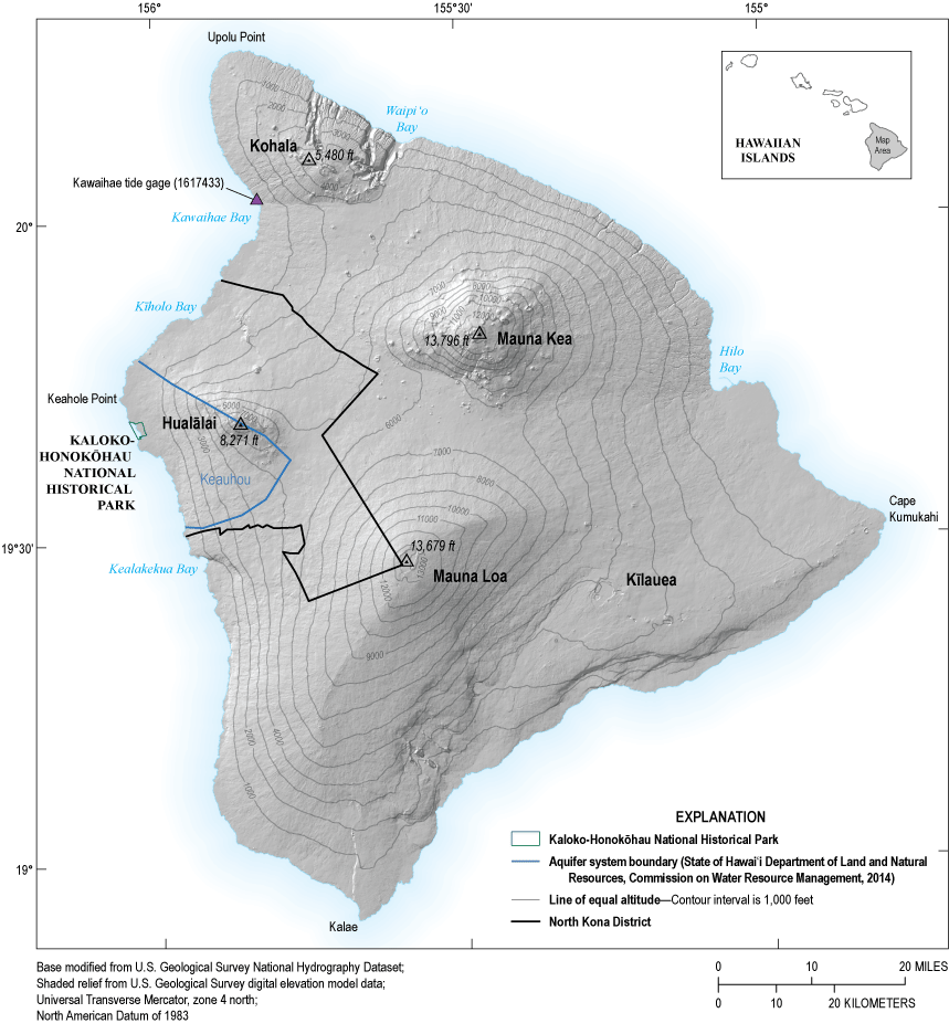 1. Shaded-relief map of the Island of Hawai‘i overlaid with elevation contours.