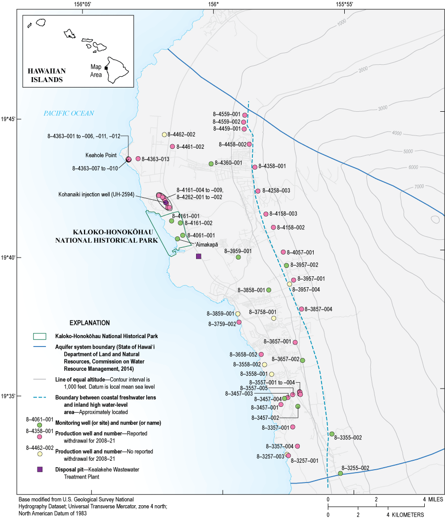 5. Locations of monitoring wells and sites, production wells, and a wastewater disposal
                        pit are shown in relation to Kaloko-Honokōhau national Historical Park.