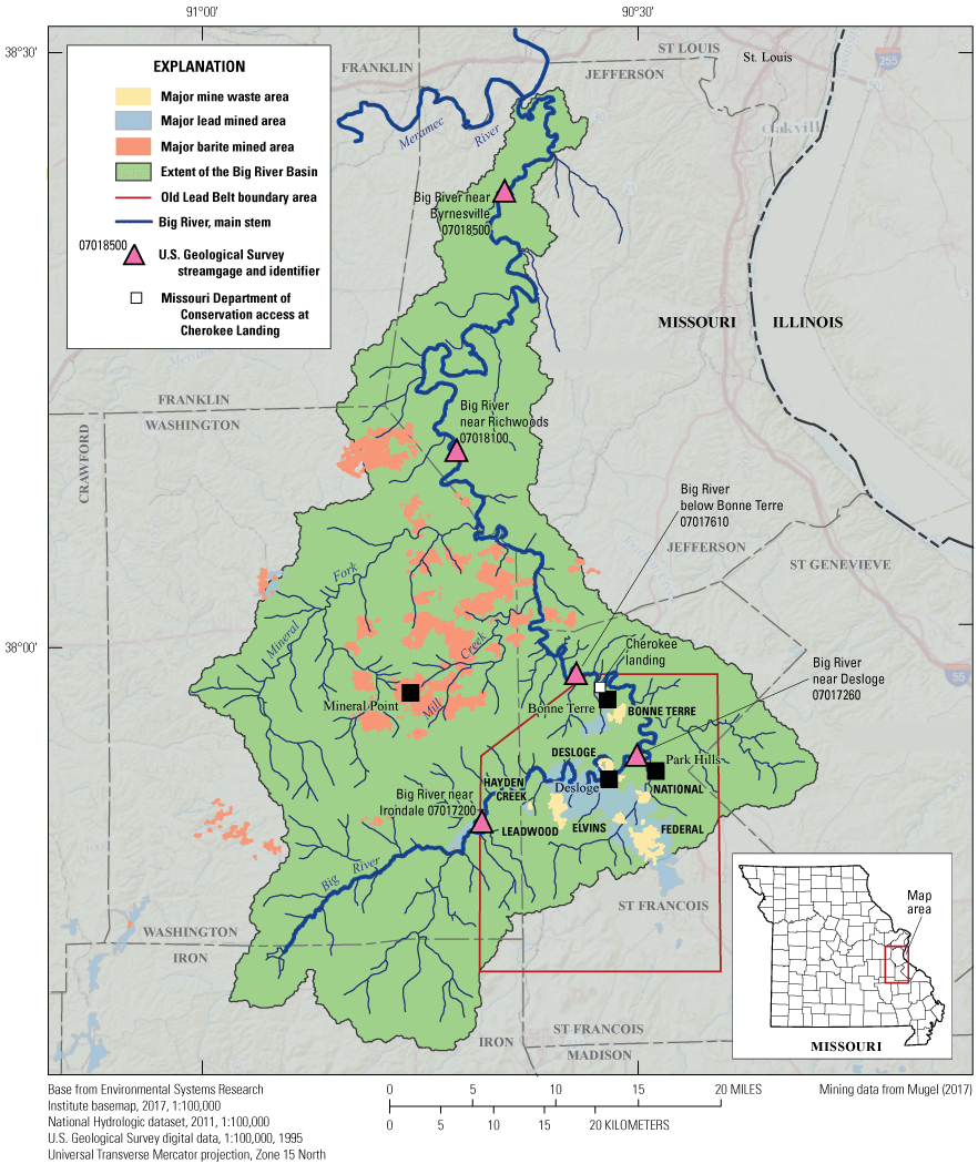 Mined locations are scattered throughout the Big River Basin.