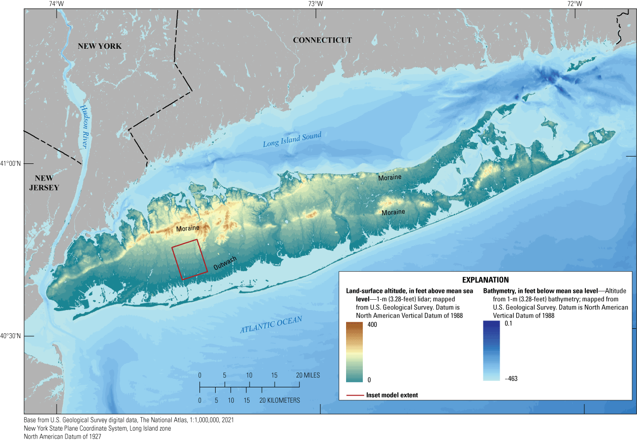 Long Island topography shows high moraines and low outwash areas.