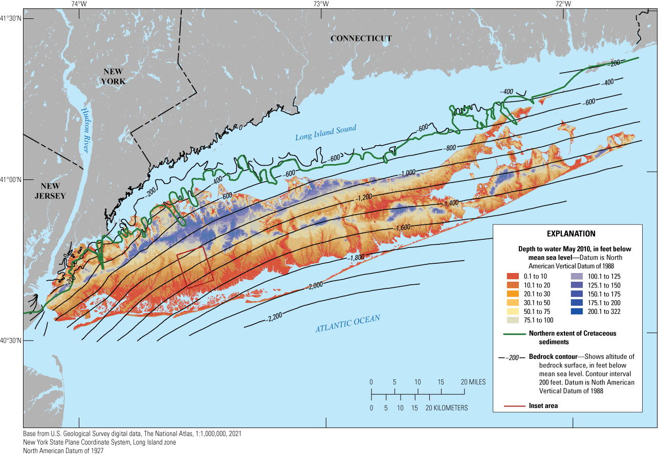 The bedrock surface deepens to the south on Long Island and depth to water is highest
                     where the topography is highest.