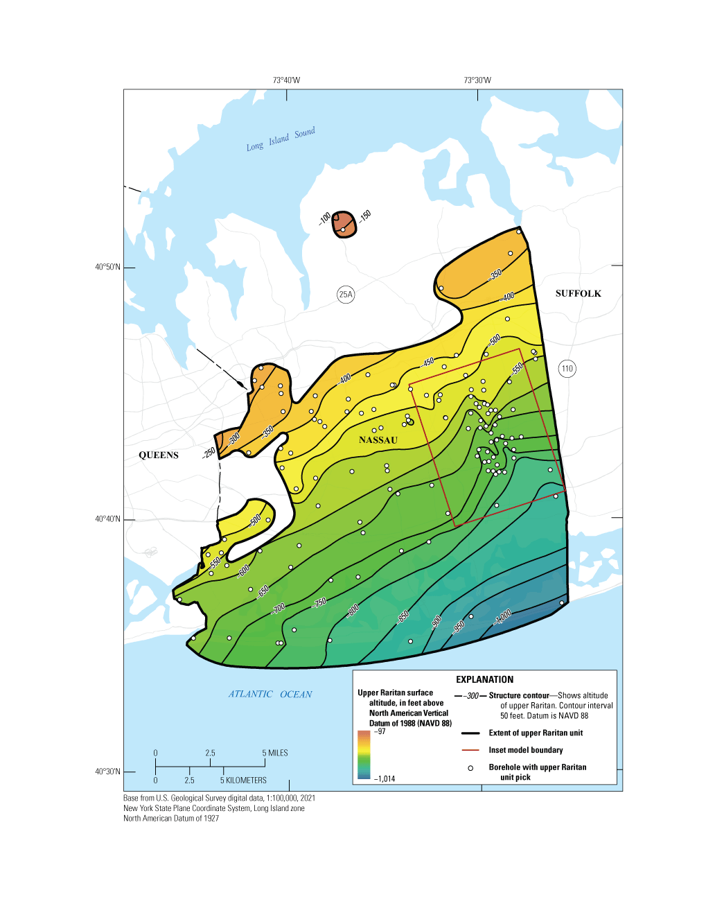 The upper Raritan aquifer surface deepens to the south in the area around the inset
                           model.