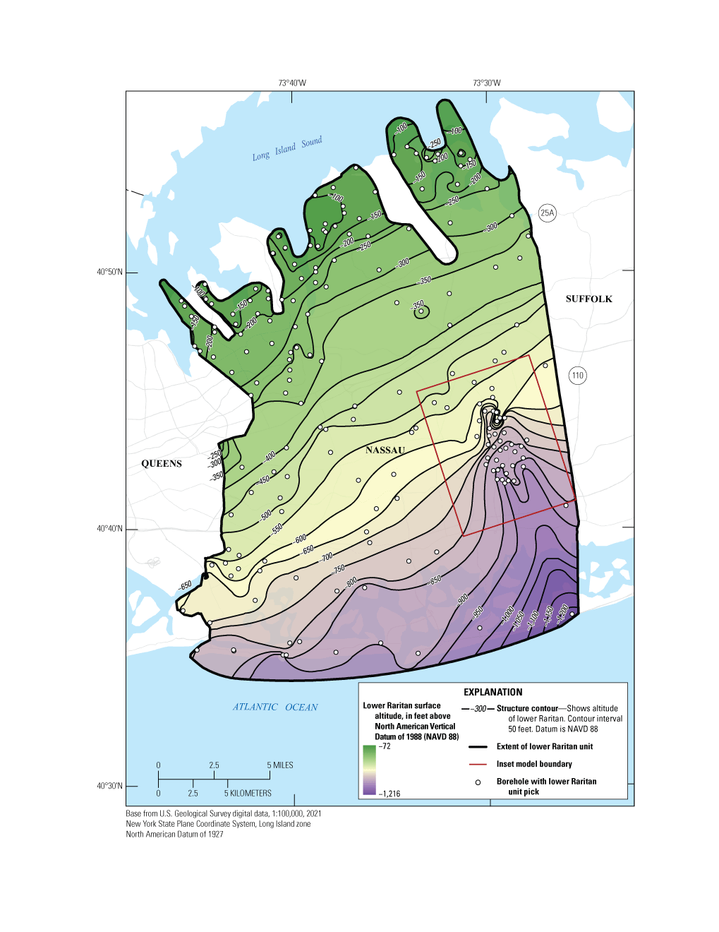 The lower Raritan aquifer surface deepens to the south in the area around the inset
                           model.