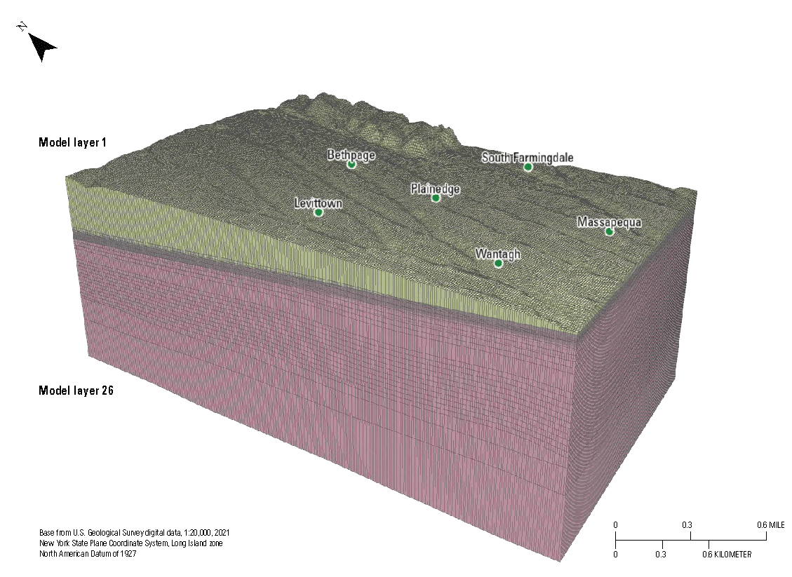 The grid covering the inset model area is fine and reflects the topography of the
                           area.