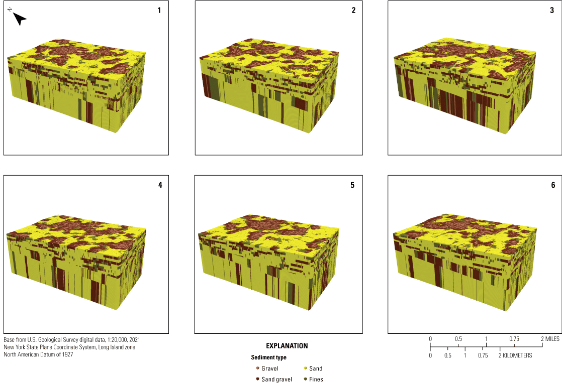 Examining multiple T-PROGS realizations indicates the variability of lithology that
                           may be present between boreholes while still representing the general patterns.