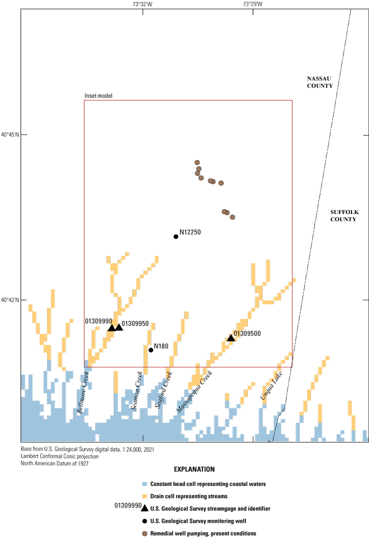 Three streamgages are in the southern part of the inset model domain and two observation
                        wells are in the domain.