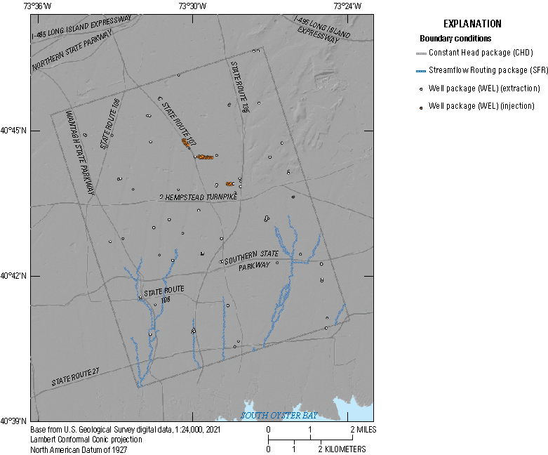 Boundary conditions for the inset model include constant head lateral boundaries,
                           streamflow routing package streams and wells at the inset model resolution.