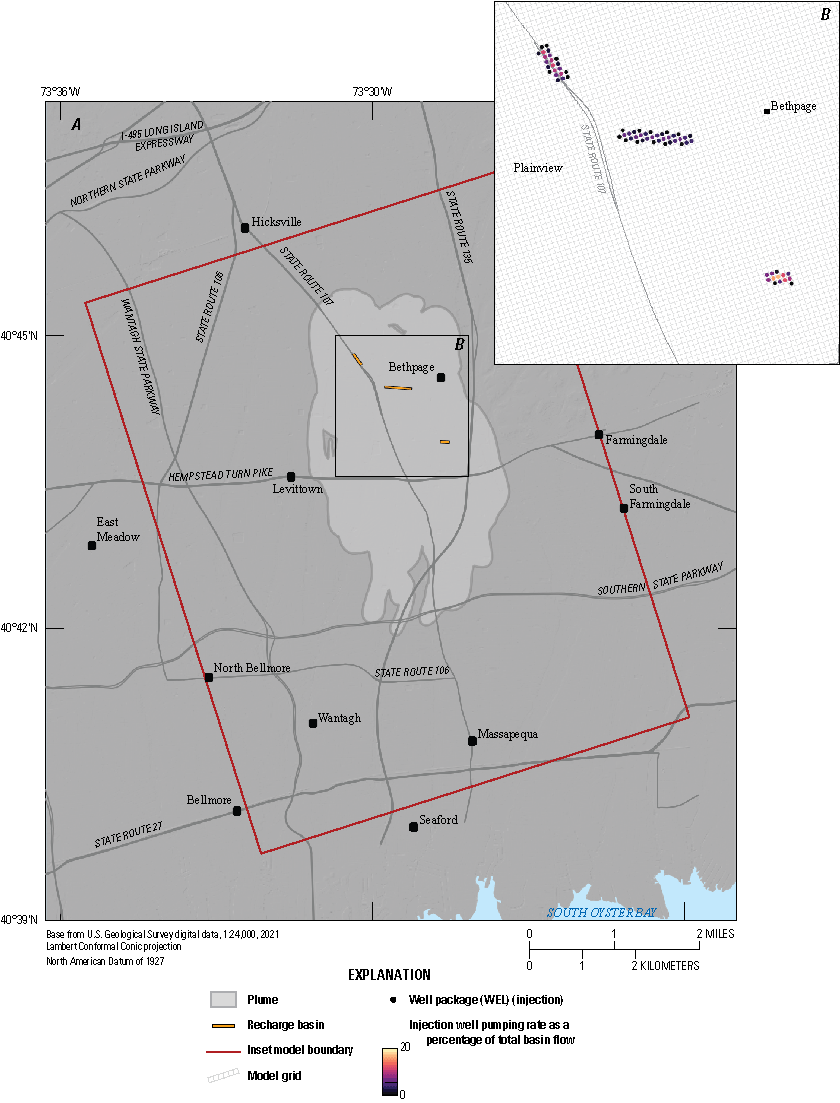 Wells (using the WEL package) were used to simulate recharge to recharge basins in
                              the inset model.