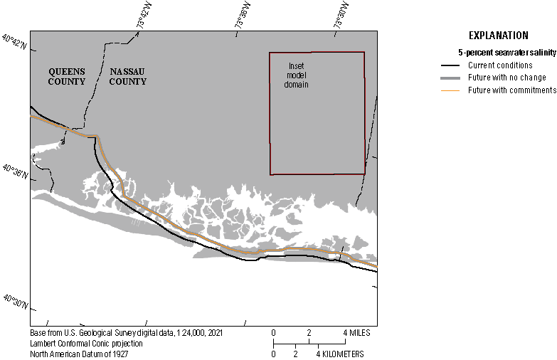 The simulated freshwater/saltwater interface is slightly onshore under future conditions
                     but there is no difference with commitments added.