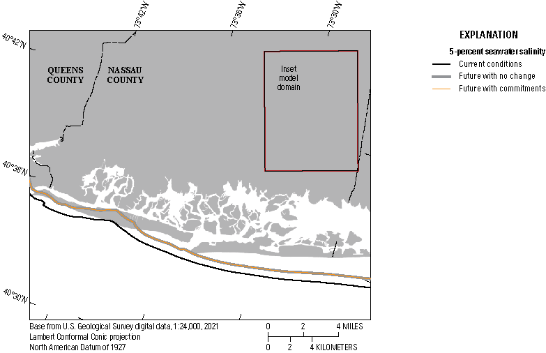 The simulated freshwater/saltwater interface is slightly onshore under future conditions
                     but there is no difference with commitments added.