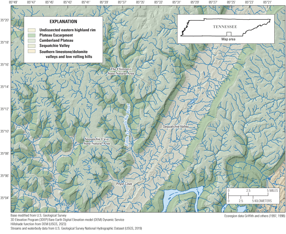 Alt text: The Cumberland Plateau, Plateau Escarpment, and Sequatchie Valley ecoregions
                     cover most of the map area.