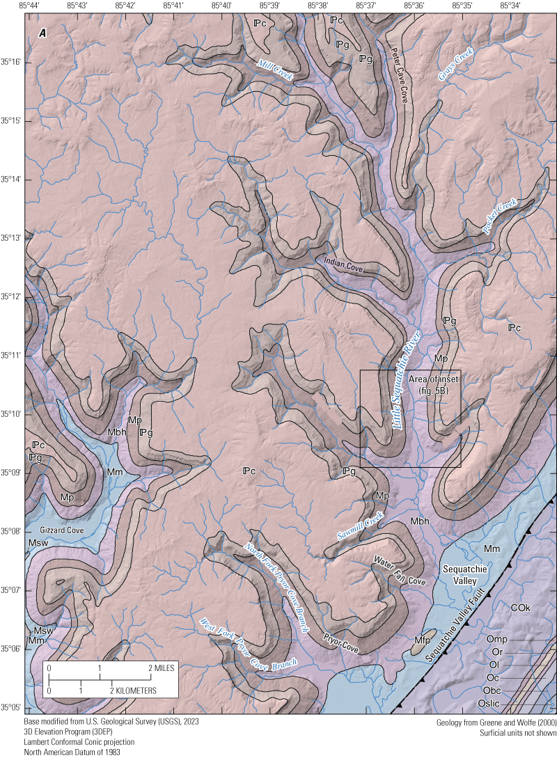 Alt text: Upper Mississippian to Lower Pennsylvanian units compose the study area.
                           Quaternary alluvium only shown on inset map.