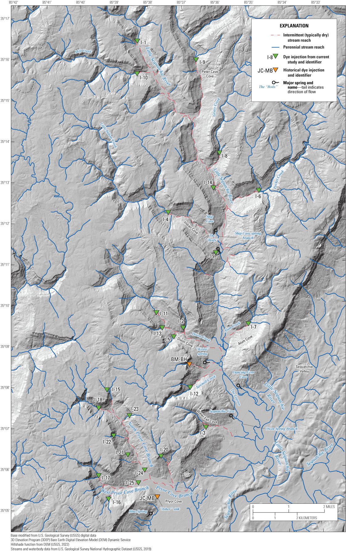 Alt text: Dry reaches are present throughout the study area, including parts of Little
                           Sequatchie River and Pryor Cove Branch.