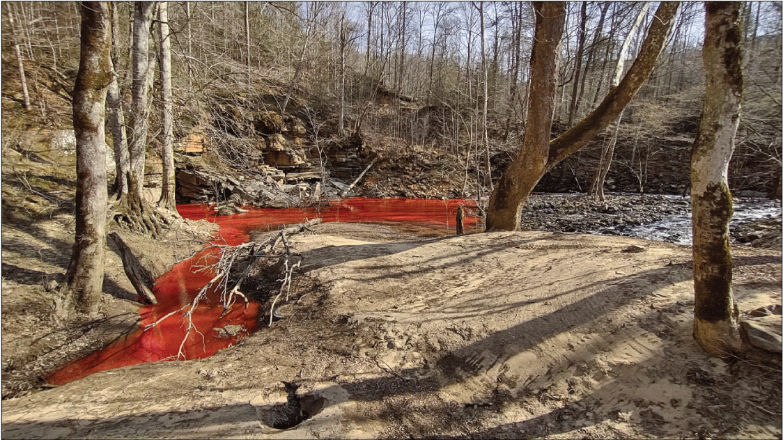 Alt text: Red rhodamine wt dye in pool beside rock outcrops.