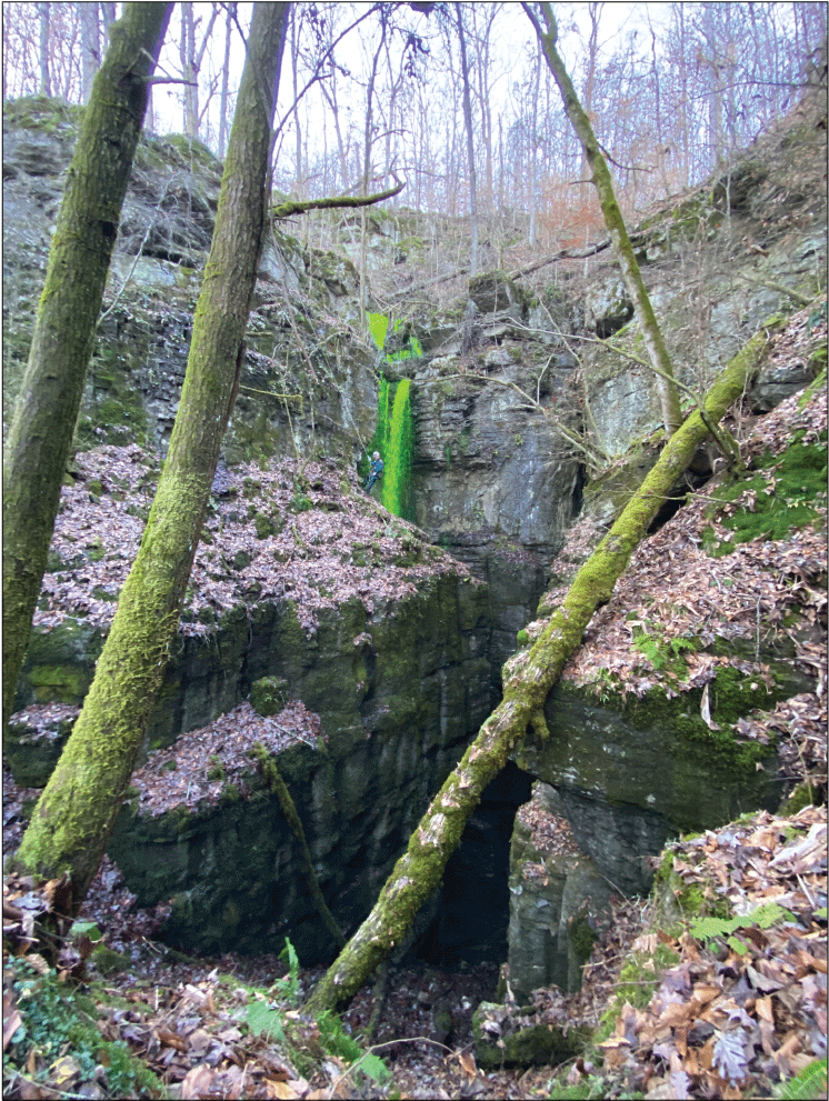 Alt text: Green fluorescein dye in large waterfall.