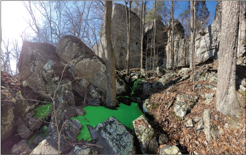 Alt text: Green fluorescein dye in pool.