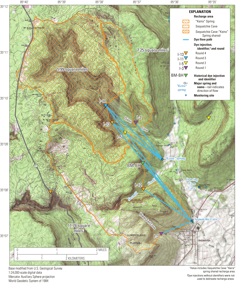 Alt text: Mapped overlapping recharge areas and associated dye traces.