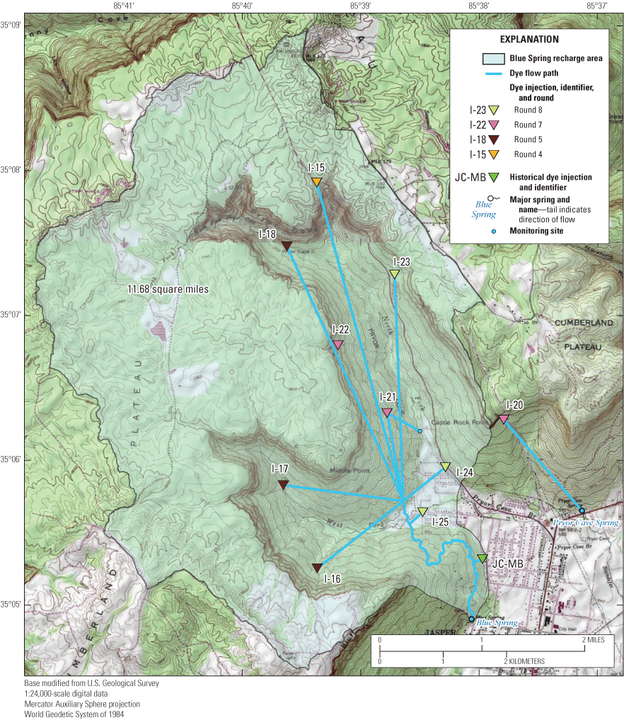 Alt text: Mapped recharge area and associated dye traces.