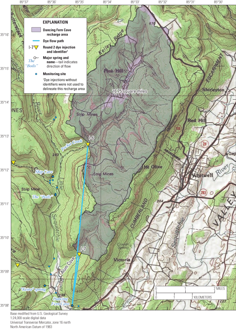 Alt text: Mapped recharge area and associated dye traces.