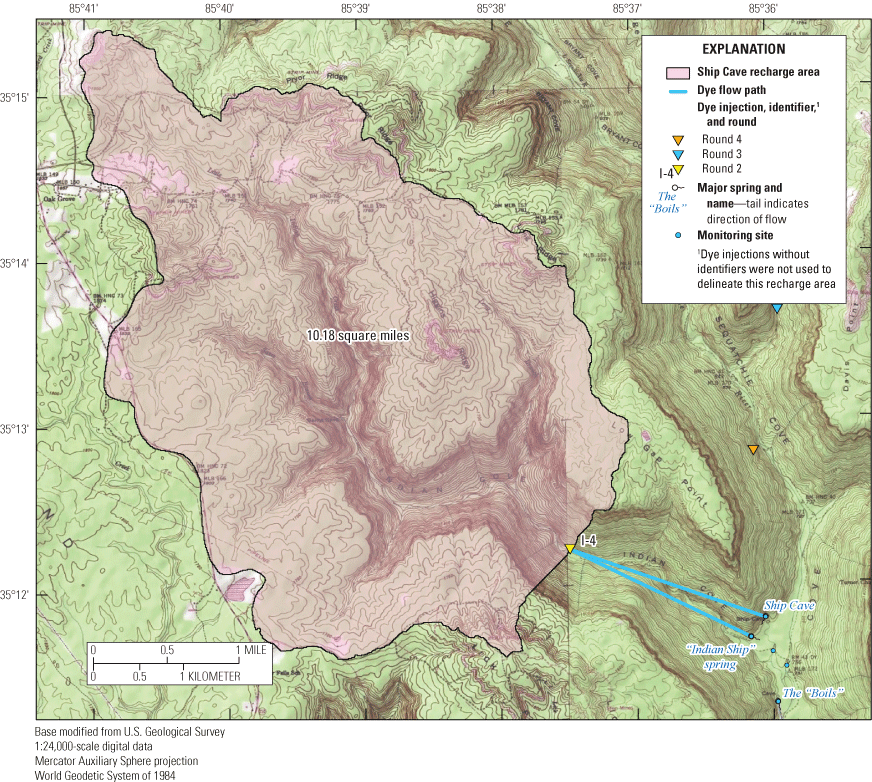 Alt text: Mapped recharge area and associated dye traces.