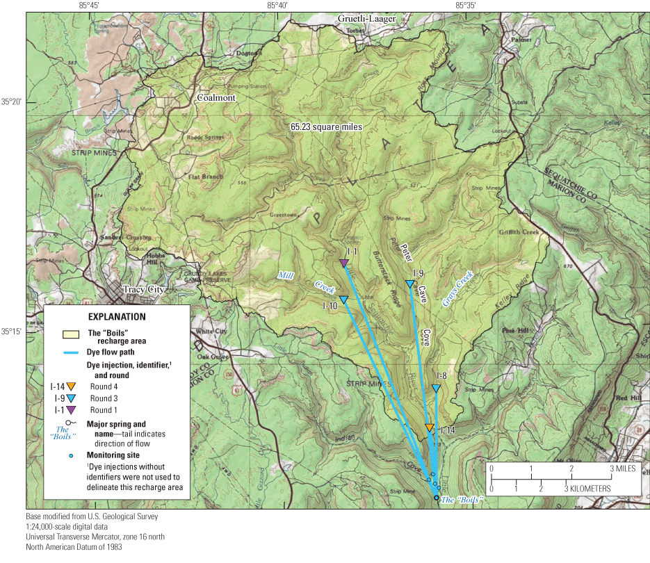 Alt text: Mapped recharge area and associated dye traces.