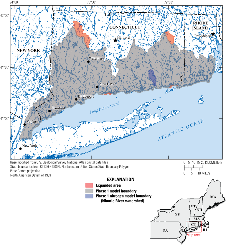 Most of the current study area was included in the phase 1 model. The phase 1 nitrogen
                     model boundary was limited to the Niantic River watershed.