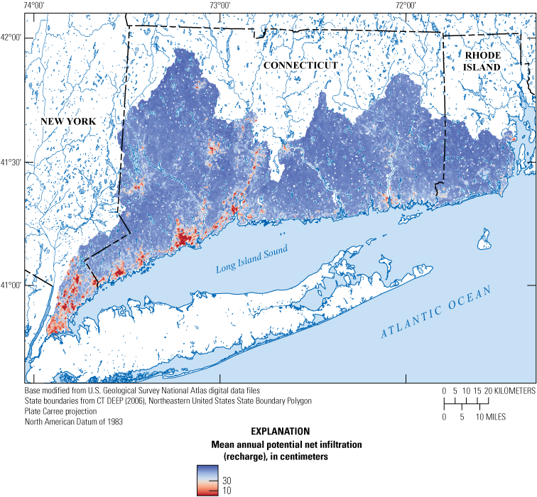 Mean annual potential net infiltration is greater than 30 centimeters in most of the
                        study area. Coastal areas in western Connecticut and New York had some of the lowest
                        recharge.