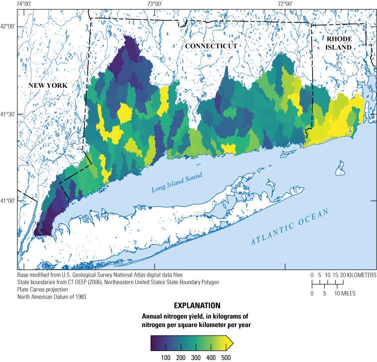 Annual nitrogen yields vary among watersheds in the study area, from less than 50
                     to more than 500 kilograms of nitrogen per square kilometer per year.