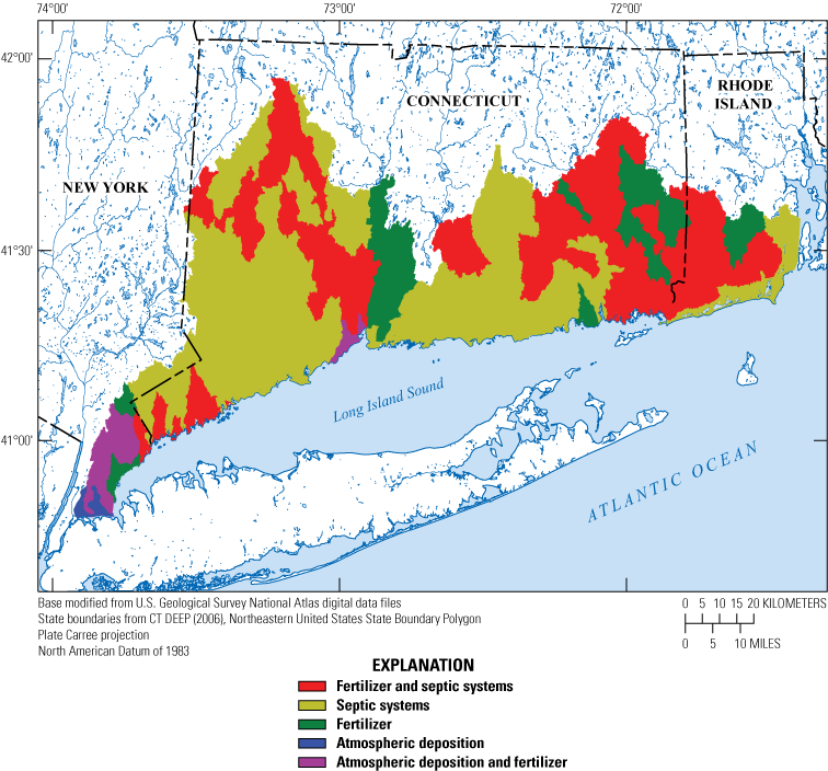 Either septic systems or both septic systems and fertilizer are the major nitrogen
                     source for most watersheds, followed by fertilizer.