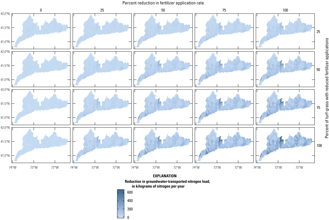 Twenty maps showing loads after 0-, 25-, 50-, 75-, or 100-percent reductions in fertilizer
                        application rate and 25, 50, 75, or 100 percent of turf grass having reduced applications.