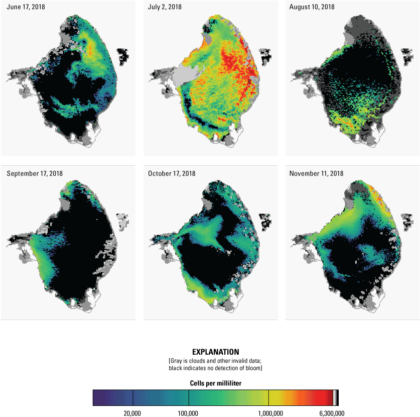 Sequential satellite images of a lake represent increasing concentrations of algae
                     by using blue to red colors.