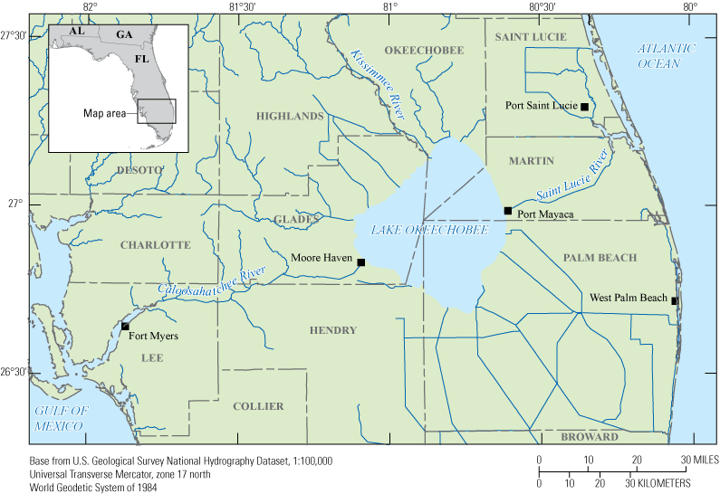 Lake Okeechobee is in the middle, with rivers flowing out on the eastern and western
                     sides.