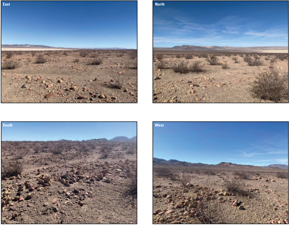 3.1. A desert landscape with dried creosote, OHV disturbance, and various size rocks
               (517044 North UTM; 387410 East UTM). 
