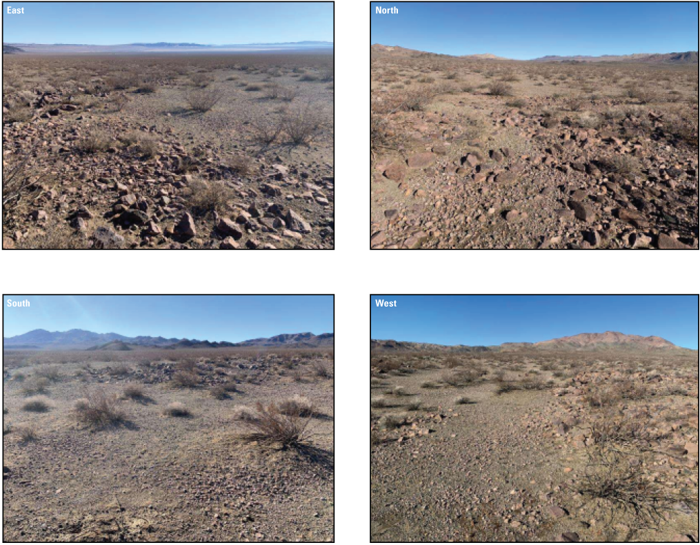 3.9. A desert landscape surrounded by mountains with cobble-sized rocks dispersed
               throughout the area (510020 North UTM; 3882299 East UTM). 