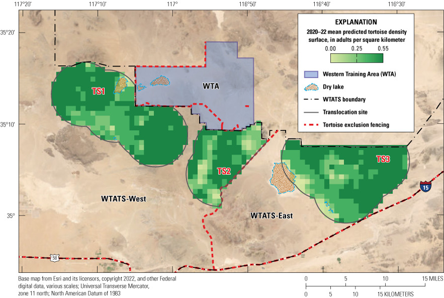 10. The mean density across the three translocation sites ranged from 0.41 to 0.47
                           adult tortoises per squared kilometer.