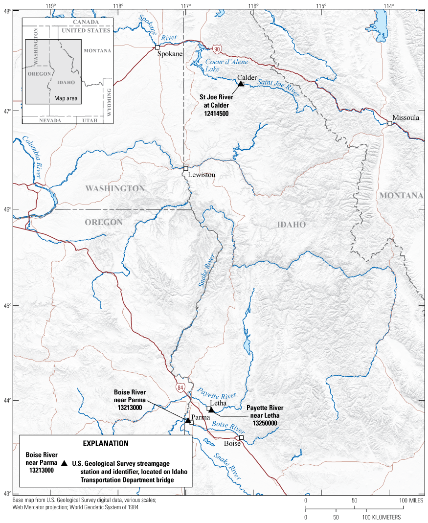 Map showing selected real-time pier scour monitoring locations in Idaho. The Boise
                        River near Parma and Payette River near Letha sites are located in southwest Idaho.
                        A single site on the Saint Joe River at Calder is located in north-central Idaho