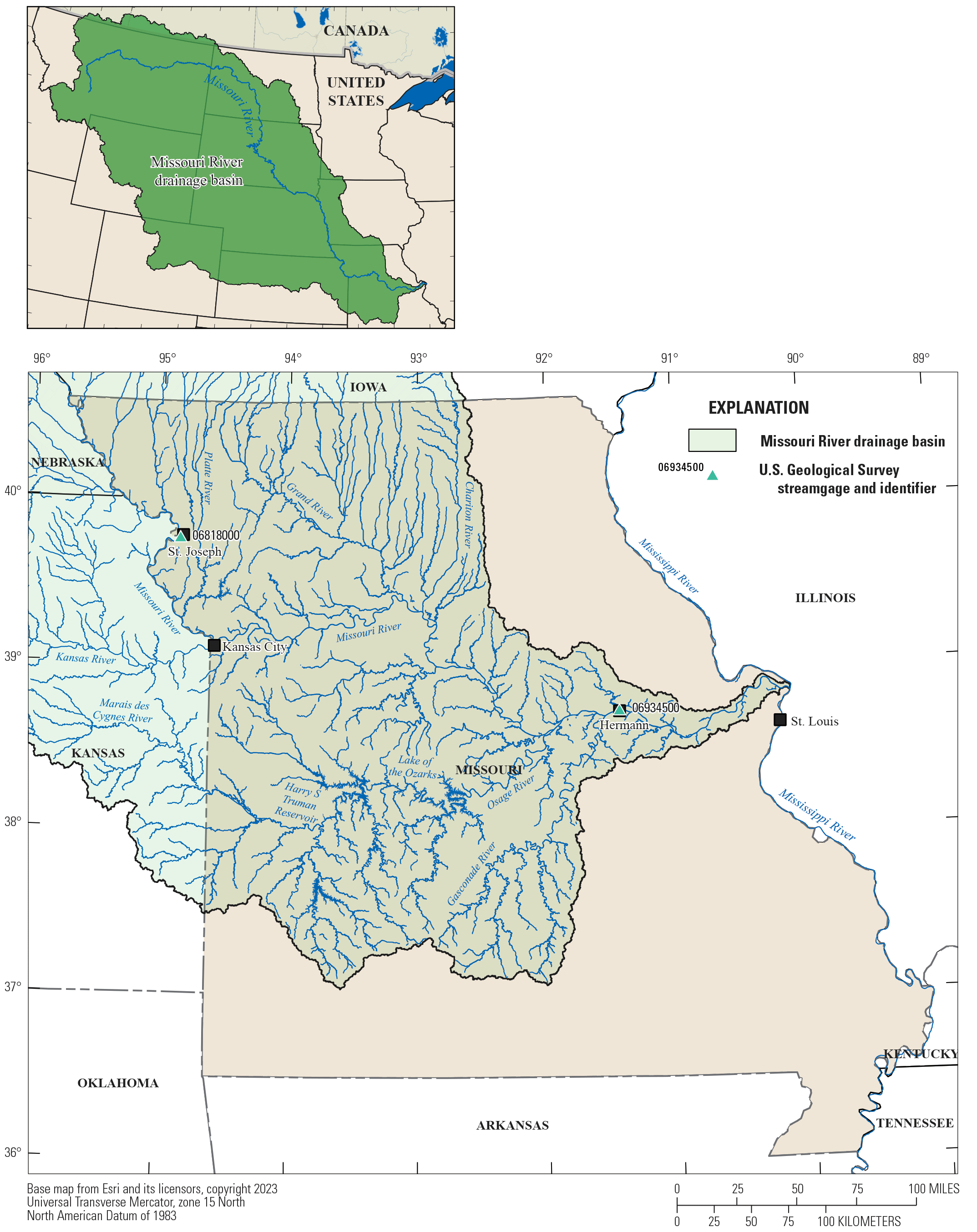 Map of Missouri and surrounding states showing the Missouri River Drainage Basin,
                     the Missouri River and its tributaries, and the two U.S. Geological Survey streamgages
                     used in this report.