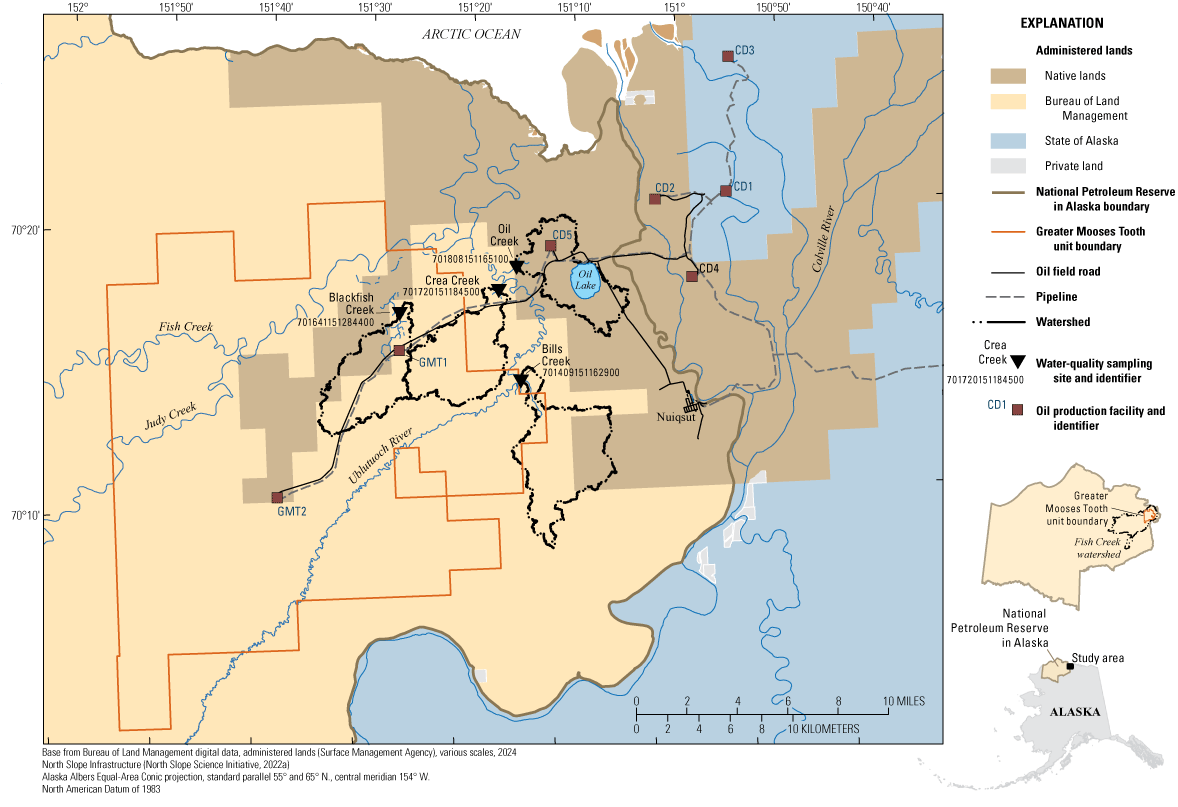 Sampling sites and oil-production facilities west and north of Nuiqsut, Alaska, in
                     the National Petroleum Reserve in Alaska.