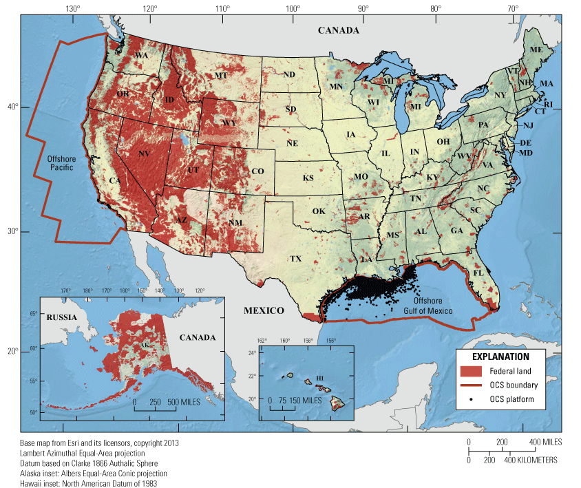 Map shows the area covered by Federal lands are mostly in western U.S. and Alaska,
                     OCS boundaries are in Gulf of Mexico and Pacific, and OCS platforms are in the Gulf
                     of Mexico.