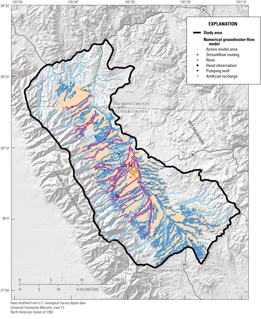 Boundary conditions of the numerical groundwater-flow model for the Wet Mountain Valley
                           alluvial aquifer, Custer and Fremont Counties, Colorado, 2000–19.