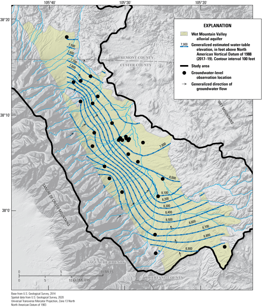 Estimated water-table elevation based on median groundwater-level elevation.