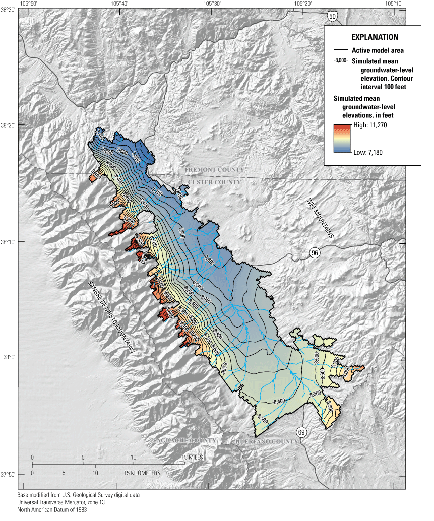 Simulated mean groundwater-level elevations for the model, Wet Mountain Valley alluvial
                     aquifer, Custer and Fremont Counties, Colorado, 2000–19.