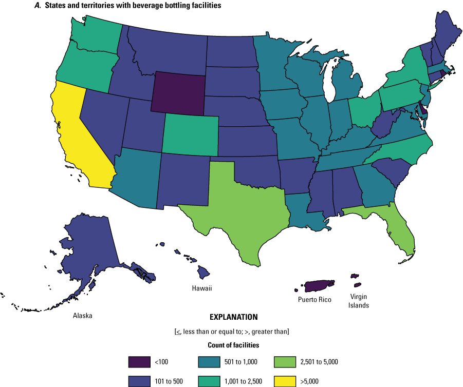 California has the largest number of beverage bottling facilities and bottled water
                        facilities in the inventory.