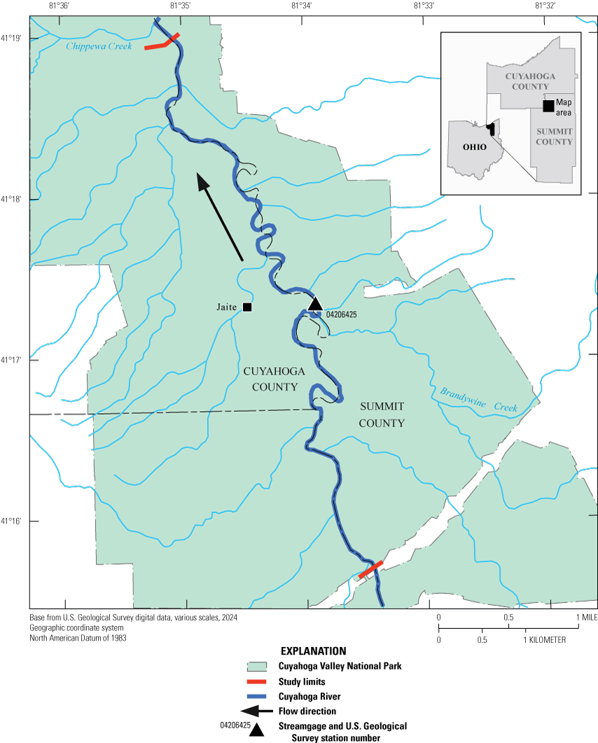 The study area is near Jaite in northeast Ohio, in Cuyahoga Valley National Park,
                     on the border between Cuyahoga and Summit Counties. The streamgage is in the middle
                     of the study reach.