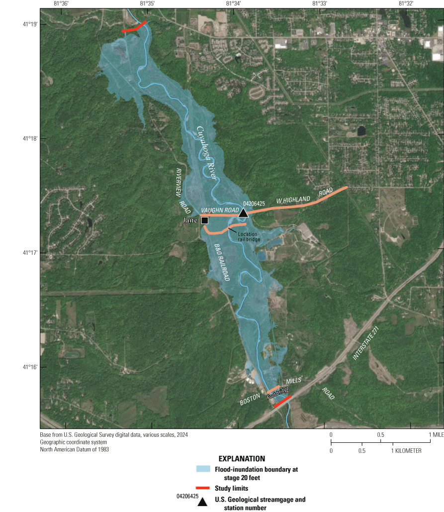 The area around the Cuyahoga River is flooded, including some roads, buildings, and
                        parts of Jaite.