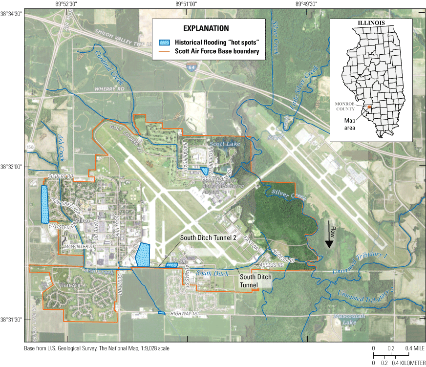 Silver Creek cuts north to south through the eastern side of Scott Air Force Base
                     and numerous tributaries flow into Silver Creek from the west and east.