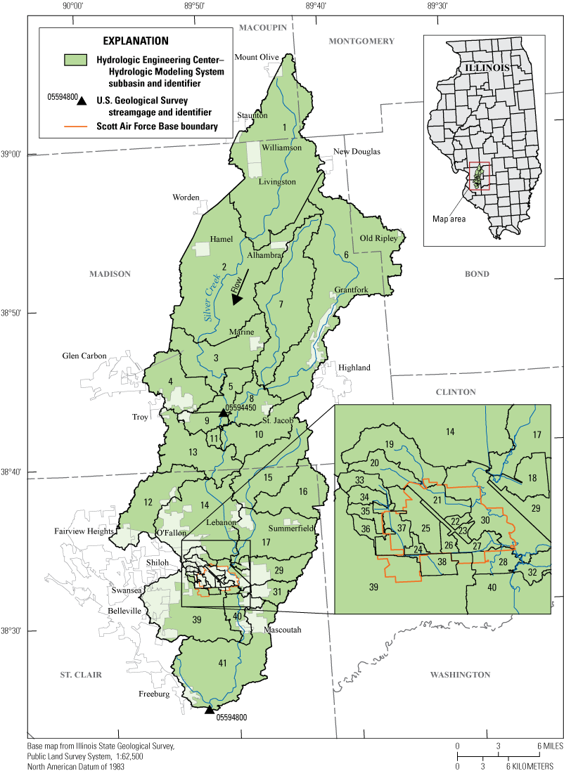 The Silver Creek Basin extends north-south through southwest Illinois and contains
                     several communities in addition to Scott Air Force Base, which is in the downstream
                     one-third of the basin.