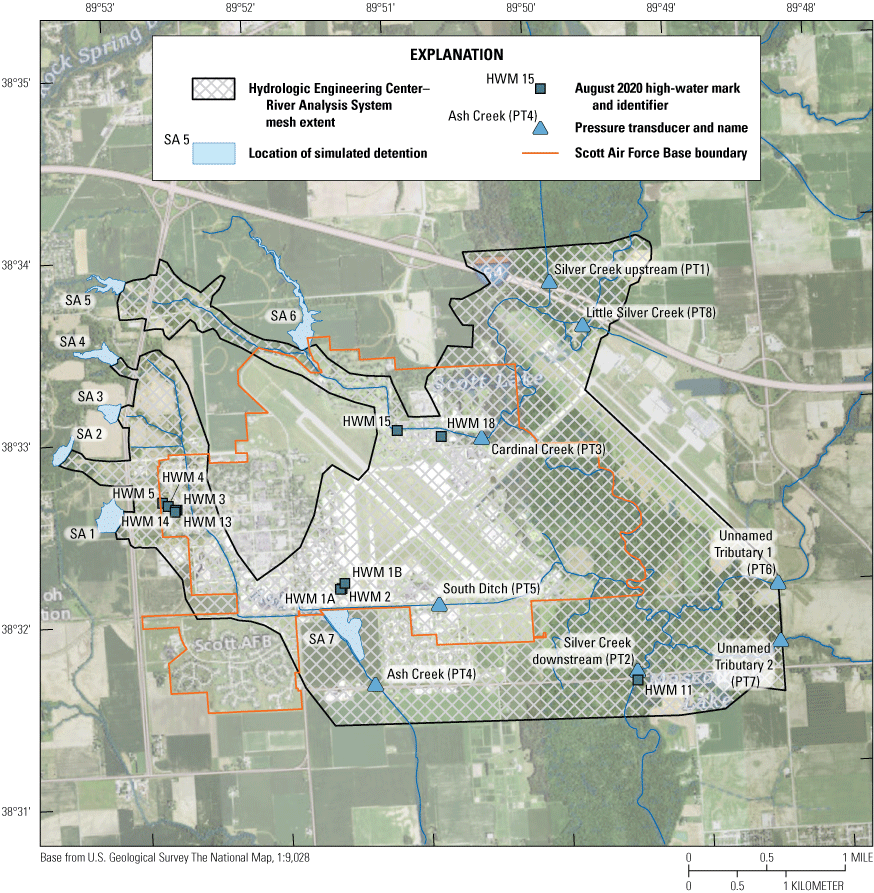 High-water marks were collected on Scott Air Force Base and pressure transducers were
                     used to collect continuous water-level data on Silver Creek and tributaries on and
                     near base.