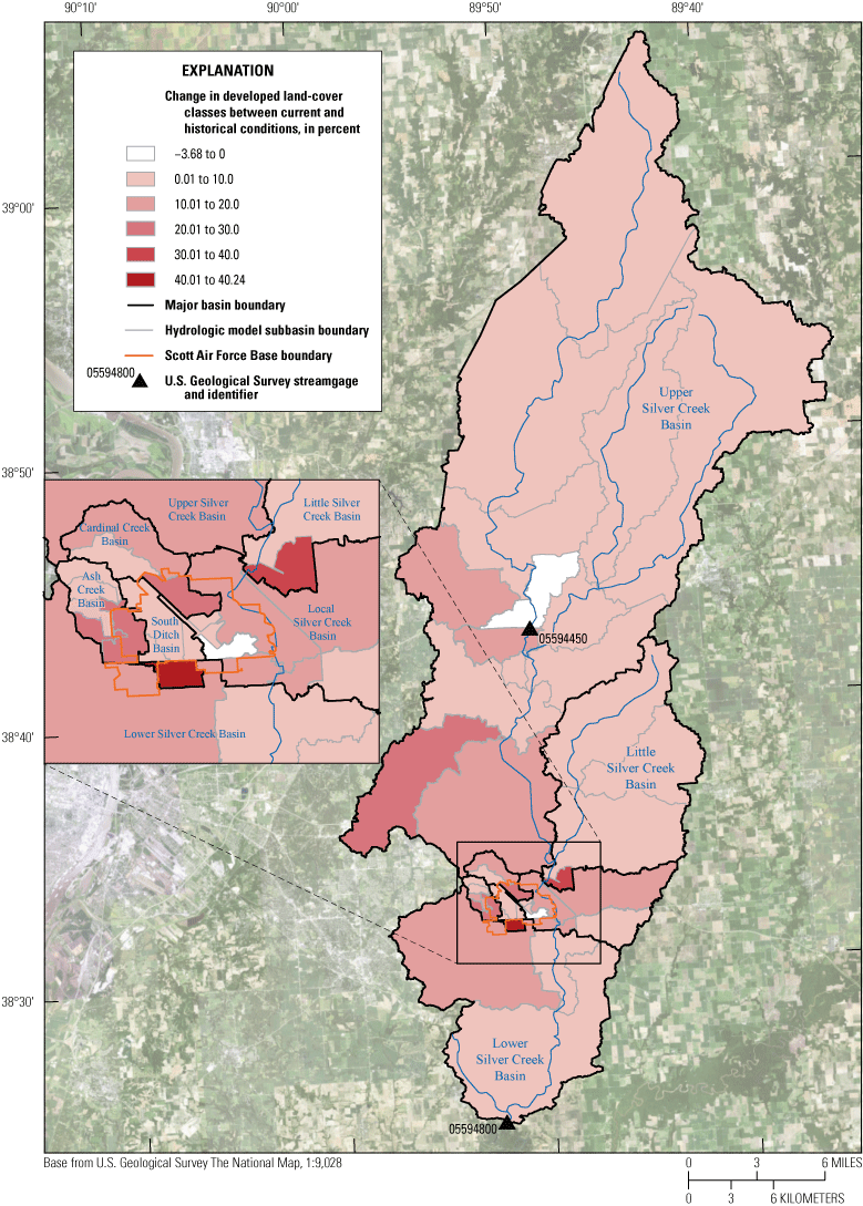 Most subbasins in the Silver Creek basin indicated small (less than 10 percent) change
                           in development between current (2019) and historical (1992) conditions. Subbasins
                           with the greatest change in development were adjacent to or within Scott Air Force
                           Base.